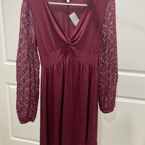 Maurices Burgundy Twist-Front Dress with Lace Long Sleeves